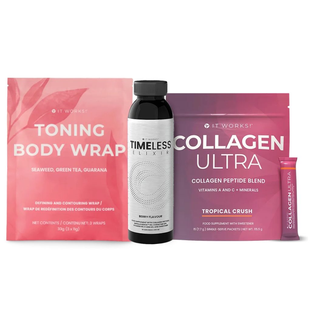 Timeless Beauty Trio : Pack de 3 produits avec un Timeless It Works, un sachet de Collagen Ultra It Works et un sachet de Toning Body Wrap It Works